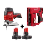 Milwaukee M12 12V Lithium-Ion Cordless Jig Saw and 3/8 in. Crown Stapler Combo Kit with (2) 3.0 Ah Batteries thumbnail 1