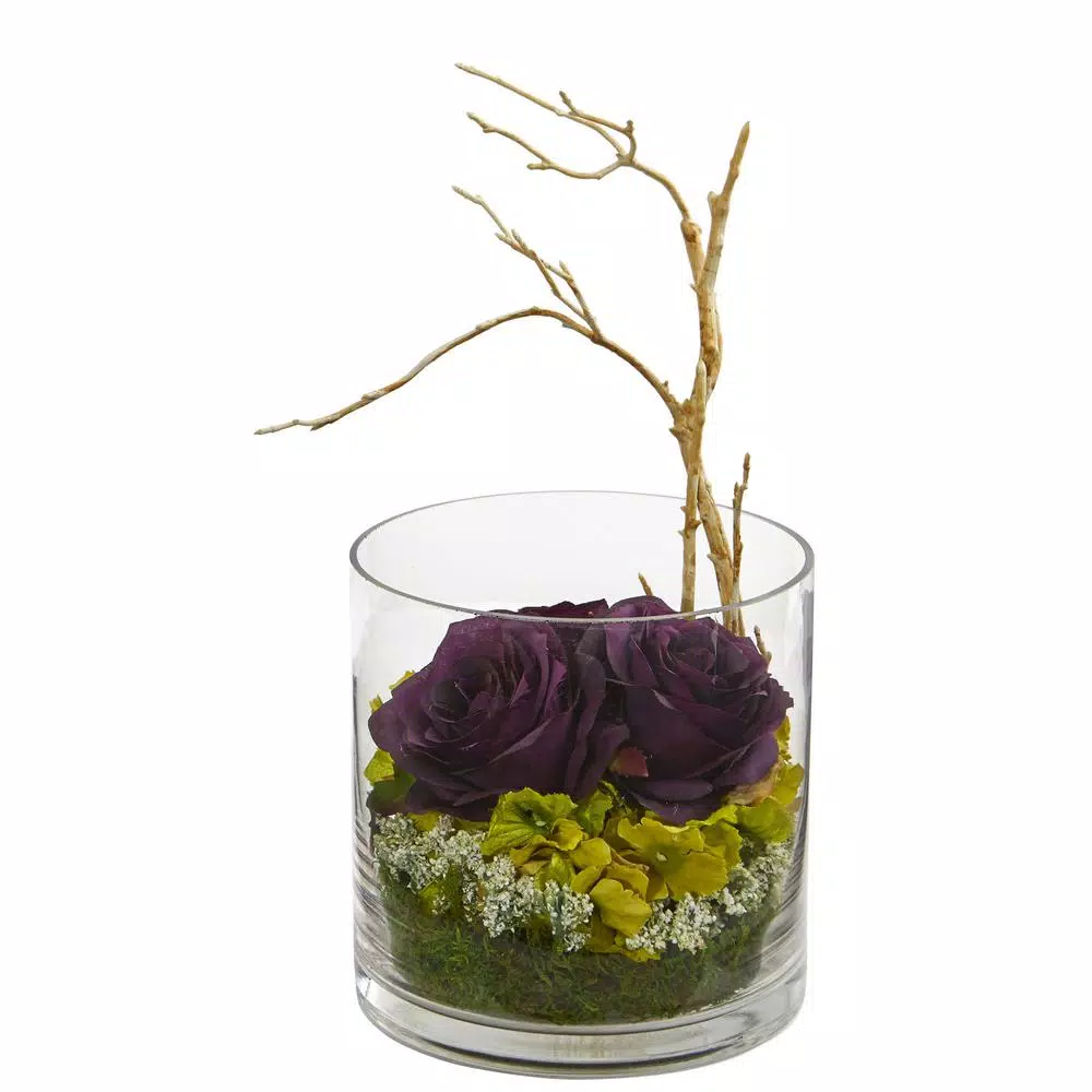 Nearly Natural Purple Artificial Roses & Hydrangeas Floral Arrangement in Clear Glass Vase