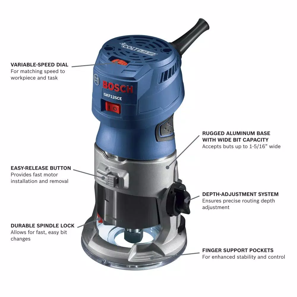 Bosch GKF125CEPK Colt 1.25 HP Variable Speed Palm Router Combo Kit with LED Lighting