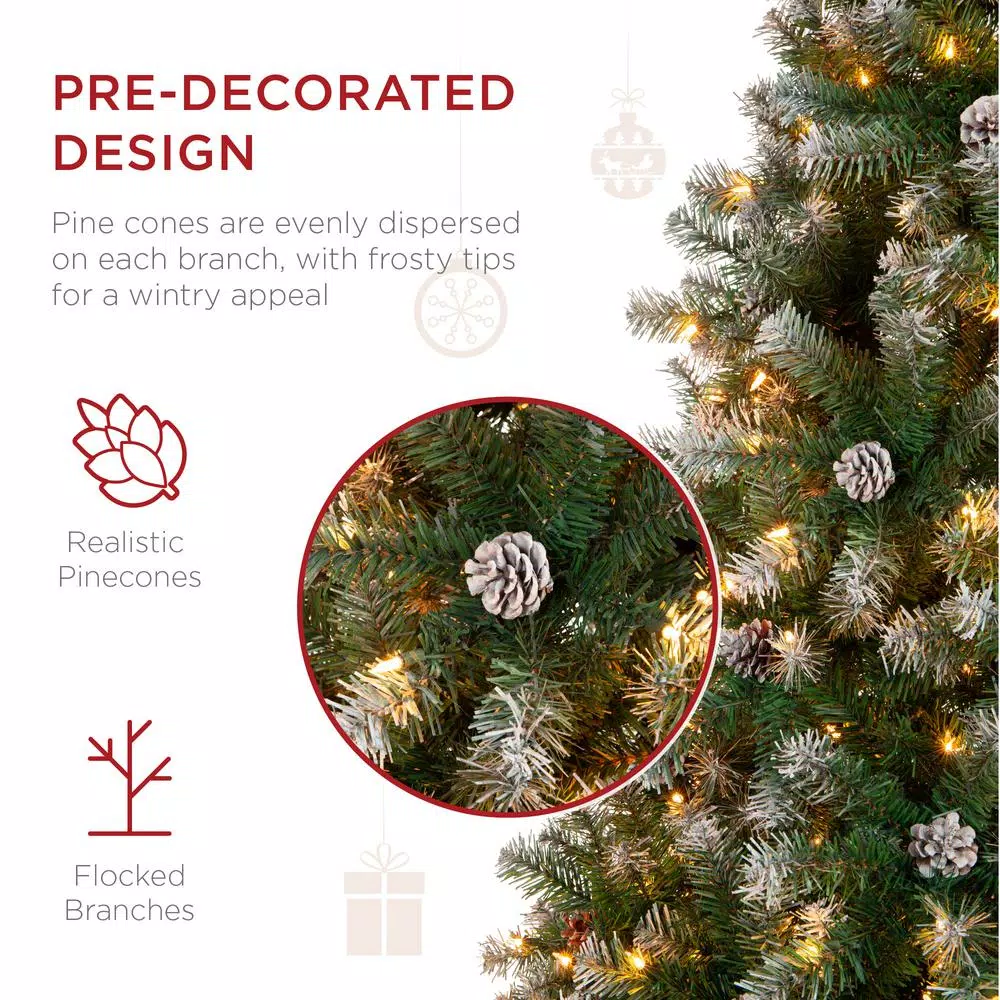 Best Choice Products 9 ft. Pre-Lit Flocked Artificial Christmas Tree with 850 Warm White Lights and Pinecones