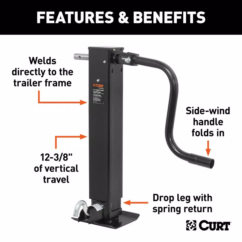 CURT Direct-Weld Square Trailer Jack with Side Handle, 12,000 lbs. Support, 12.5 in. Travel