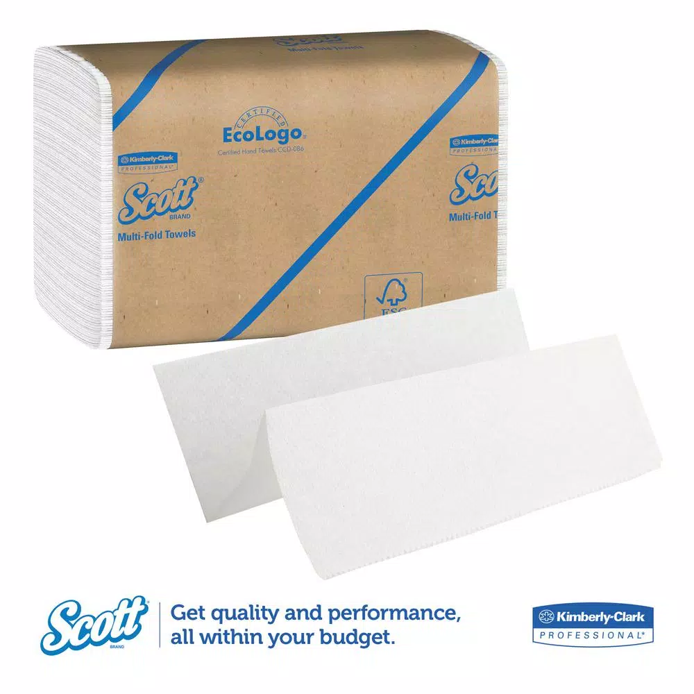 Scott Essential 100% Recycled Multi-Fold White Paper Towels, 250 Sheets per Pack, 16 Packs per Carton