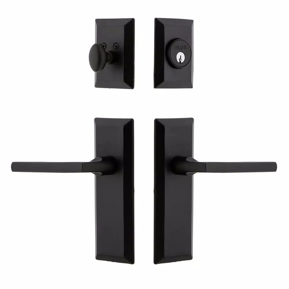 Unbranded Ageless Iron Keep Long Plate Black Iron Handleset with Dirk Lever and Deadbolt Combo Pack