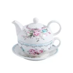 MALACASA Elegant Porcelain Tea for One Set - 3 Piece Teapot, Teacup and Saucer Set, White with Pattern thumbnail 1