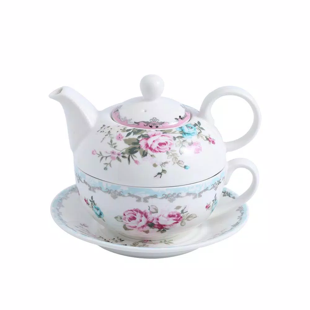MALACASA Elegant Porcelain Tea for One Set - 3 Piece Teapot, Teacup and Saucer Set, White with Pattern