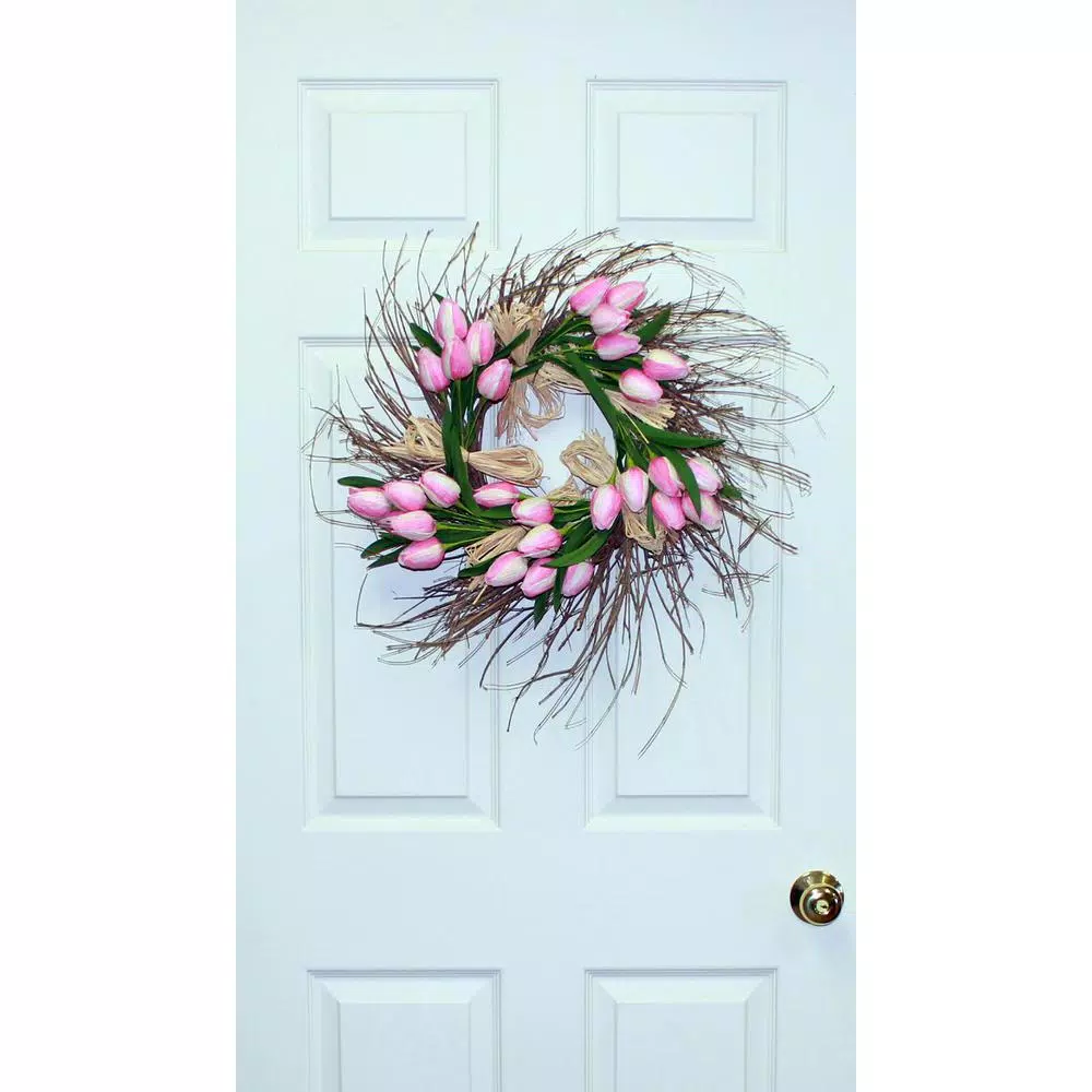 Worth Imports 22 in. Pink and White Tulip Raffia Wreath with Silk Flowers