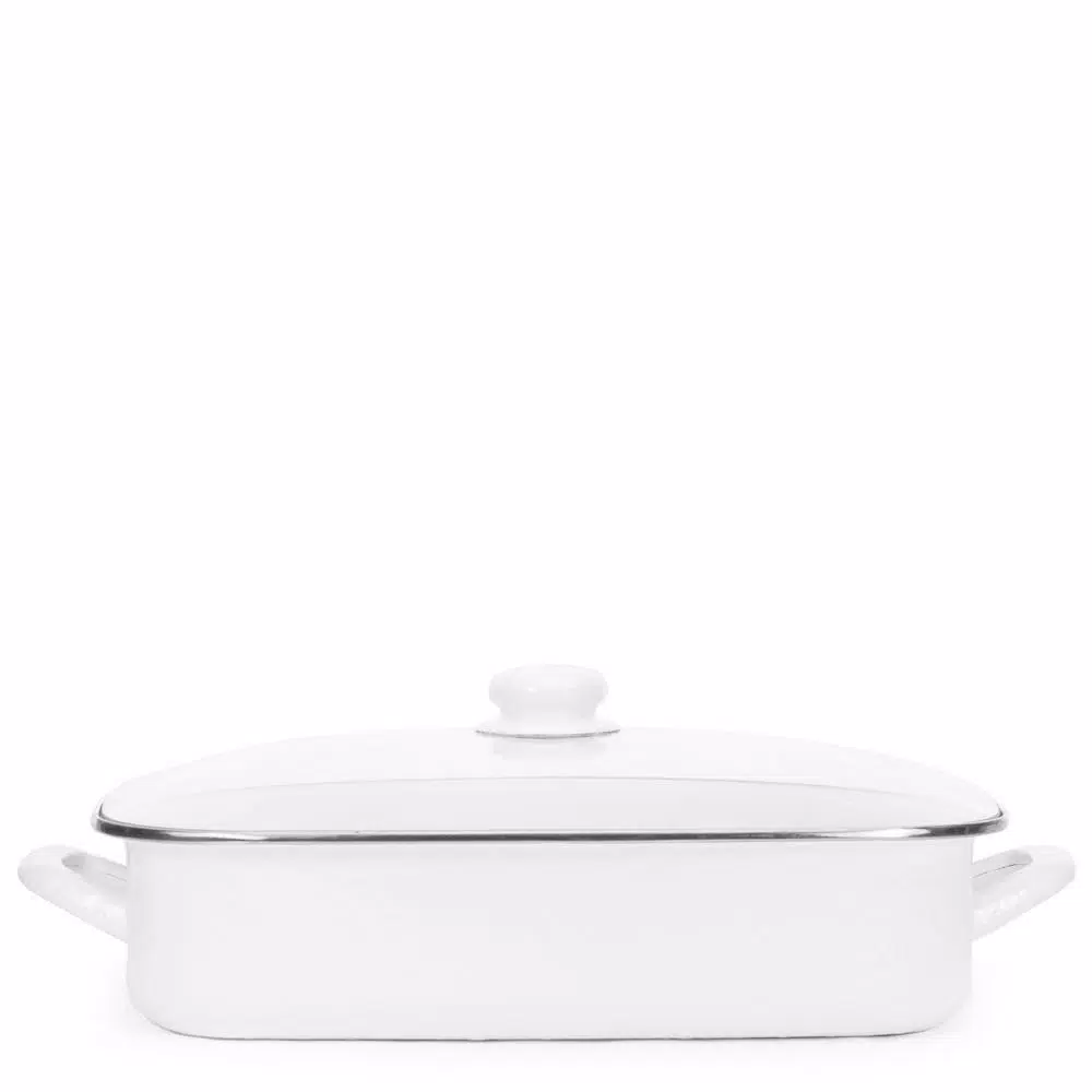 Golden Rabbit 10.5 qt. Solid White Porcelain Enamel Roasting Pan with Glass Lid