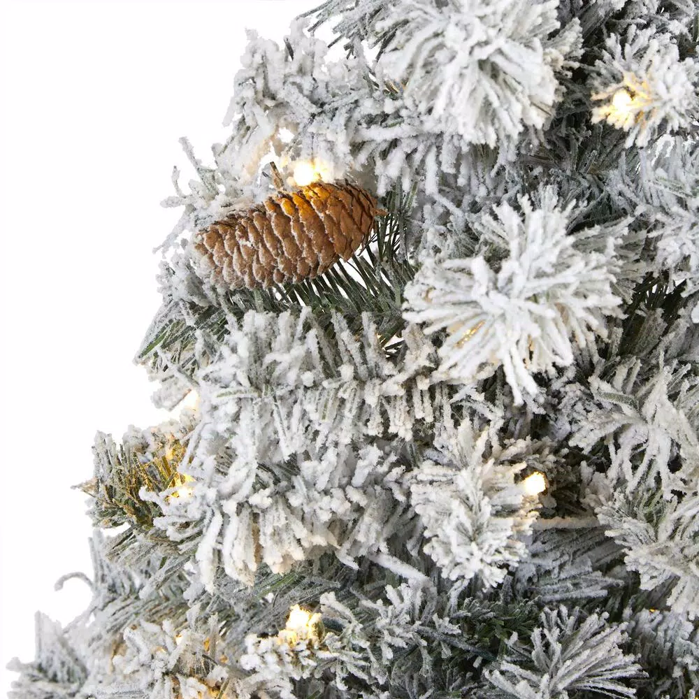 Nearly Natural 5 ft. Flocked River Mountain Pine Artificial Christmas Tree with 150 LED Lights and Pine Cones