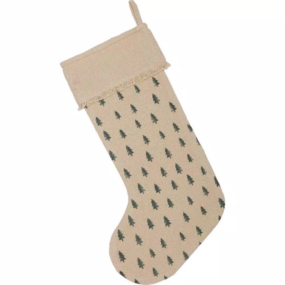 VHC Brands 20 in. Vintage Burlap Tree Christmas Stocking - Antique Creme & Pine Green Cotton