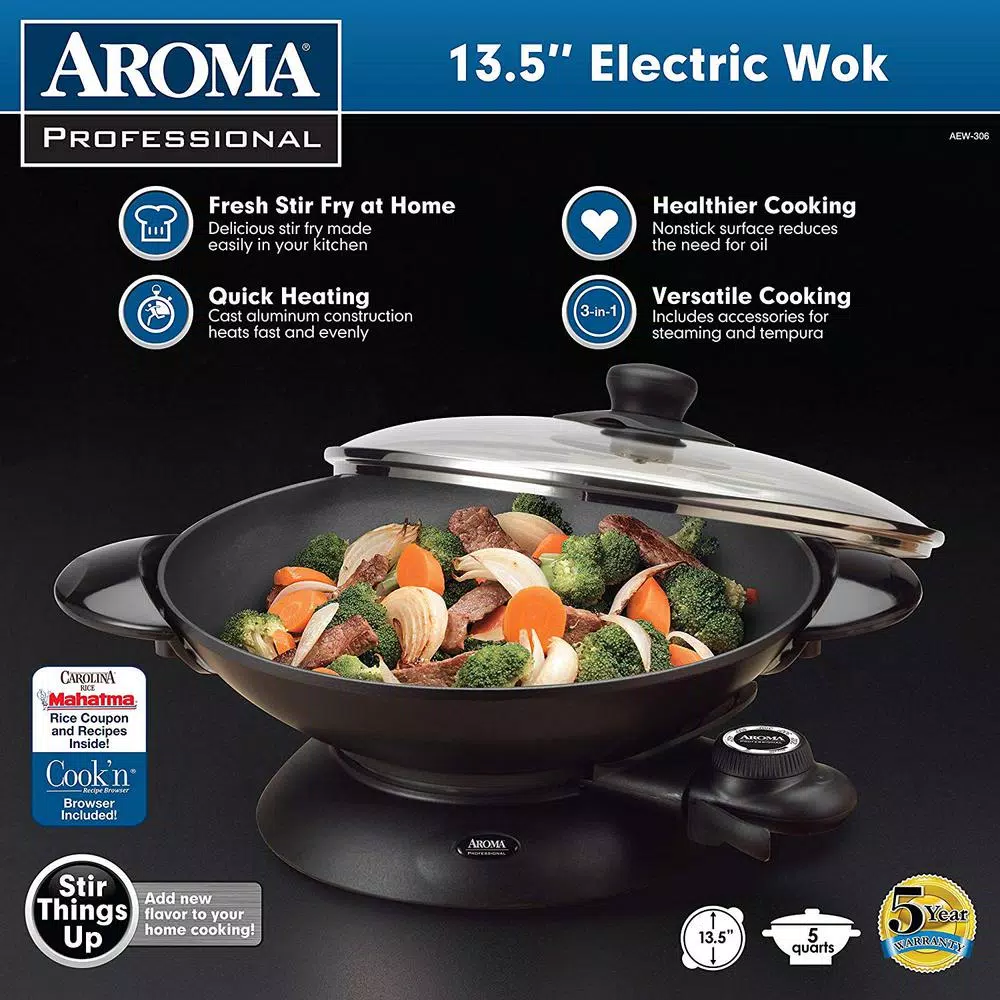 AROMA 5 Qt. Electric Wok with Non-Stick Cast Metal Bowl and Glass Lid
