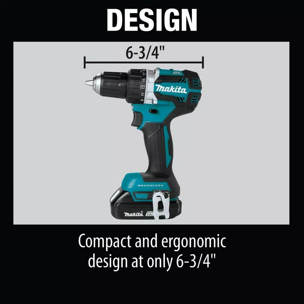 Makita 18V LXT Brushless 1/2 in. Driver-Drill Kit w/ (2) 2.0Ah Batteries, Charger & Bag