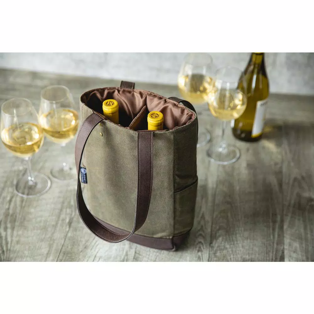 Picnic Time Khaki Green Waxed Canvas 2-Bottle Insulated Wine and Cheese Tote Bag