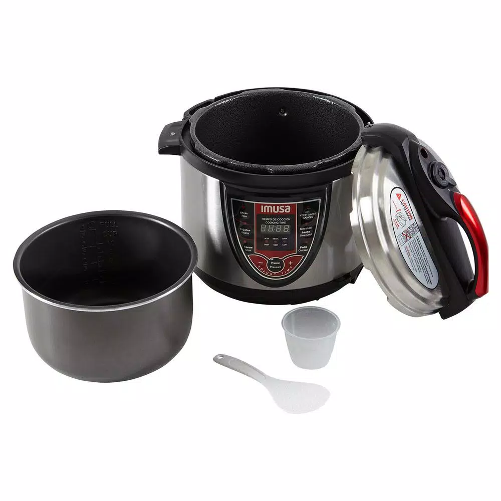 IMUSA 5 Qt. Electric Pressure Cooker, Silver and Red with Digital Display