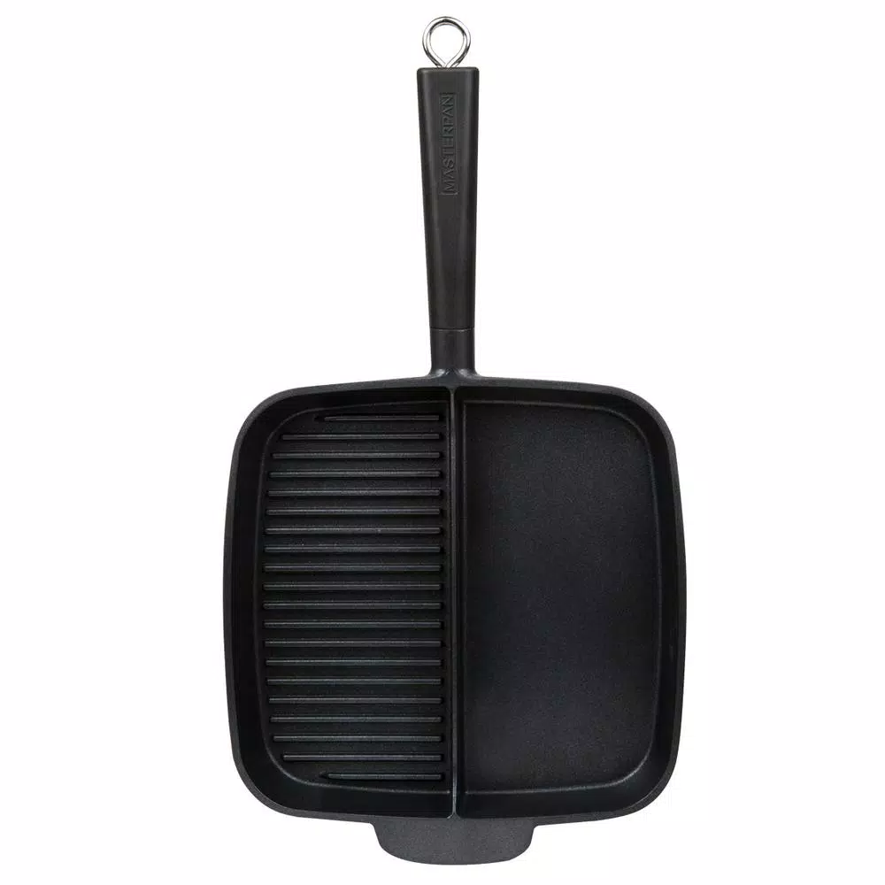MasterPan 11 in. Cast Aluminum Nonstick Sectional Grill Pan with Split Section, Black