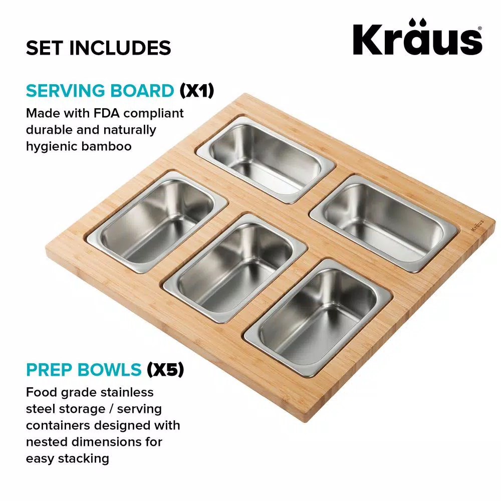 KRAUS Workstation Kitchen Sink Accessory Set with Bamboo Serving Board and 5 Stainless Steel Prep Bowls