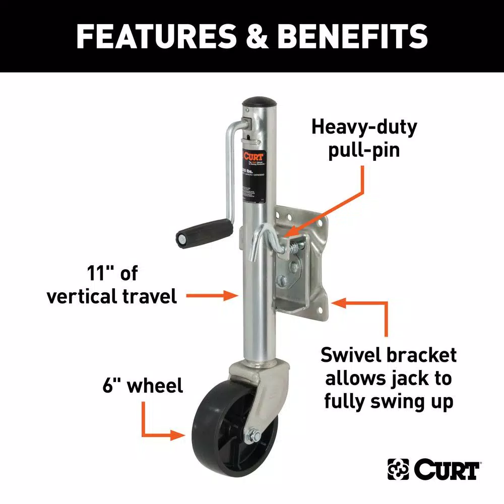CURT Marine Trailer Jack with 6" Wheel, 1,200 lbs. Capacity, 10" Travel
