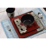 Elama Winter Bloom 16-Piece Red Stoneware Dinnerware Set, Asian Inspired Square Design, Service for 4 thumbnail 3