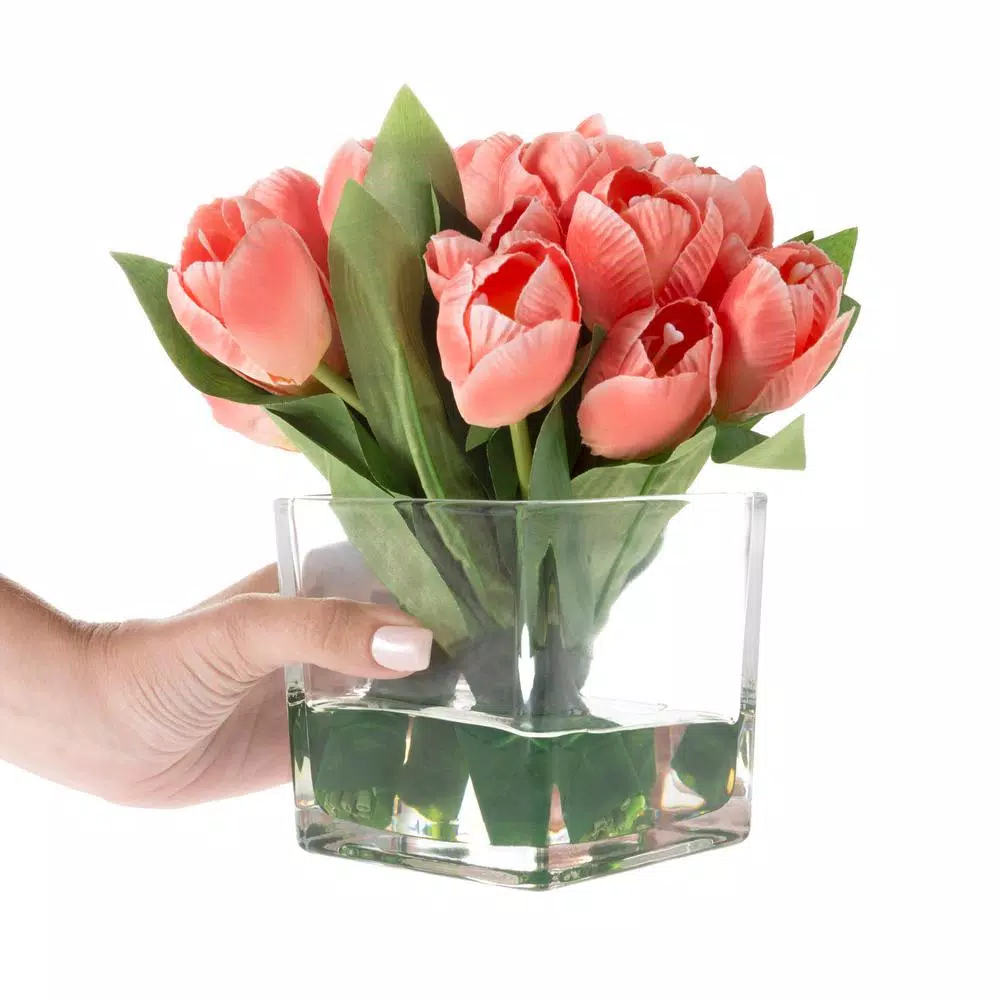 Pure Garden Soft Coral Tulip Floral Arrangement with Glass Vase and Faux Water