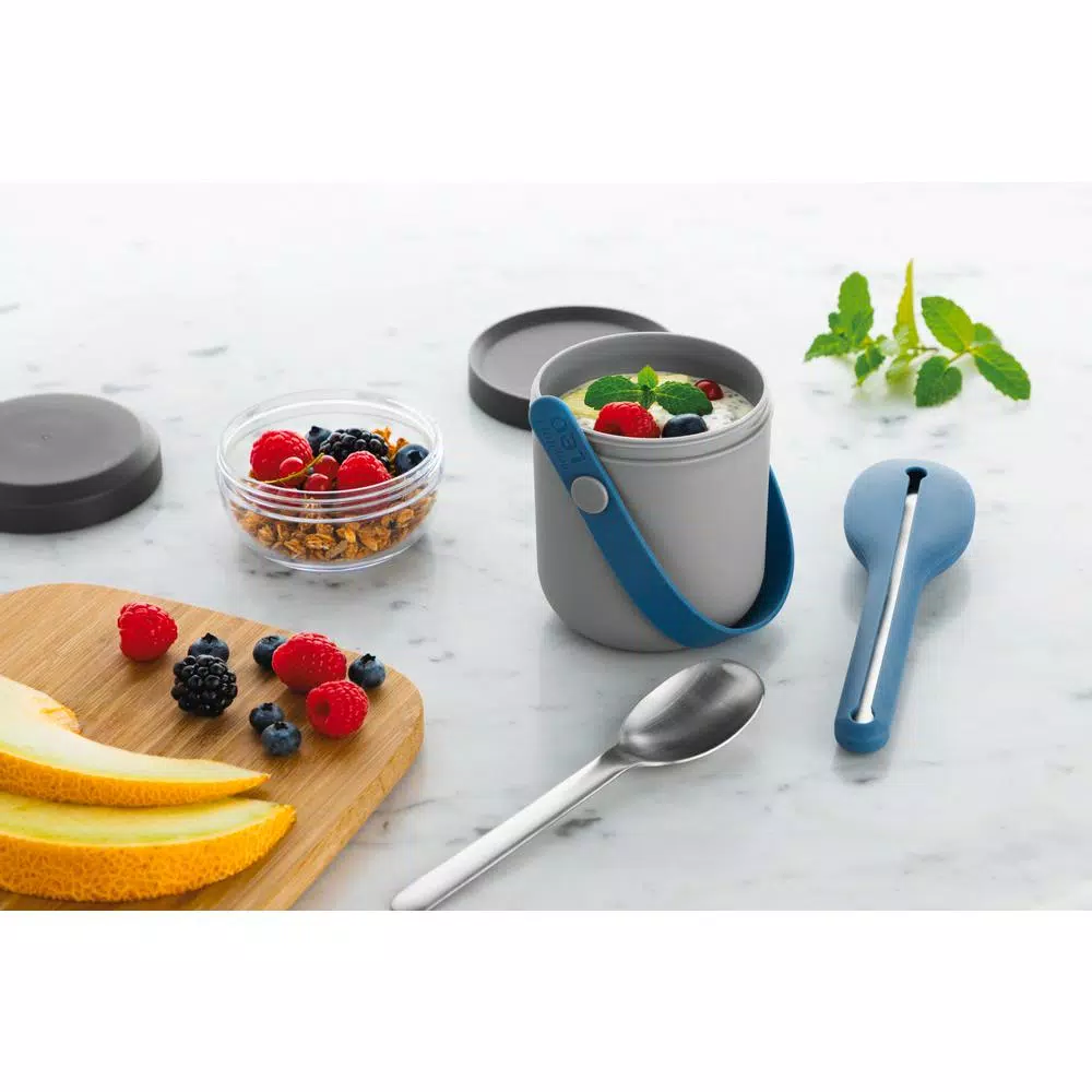 BergHOFF Leo Dual Lunch Box and 3-Piece Stainless Steel Flatware Set - Grey and Blue