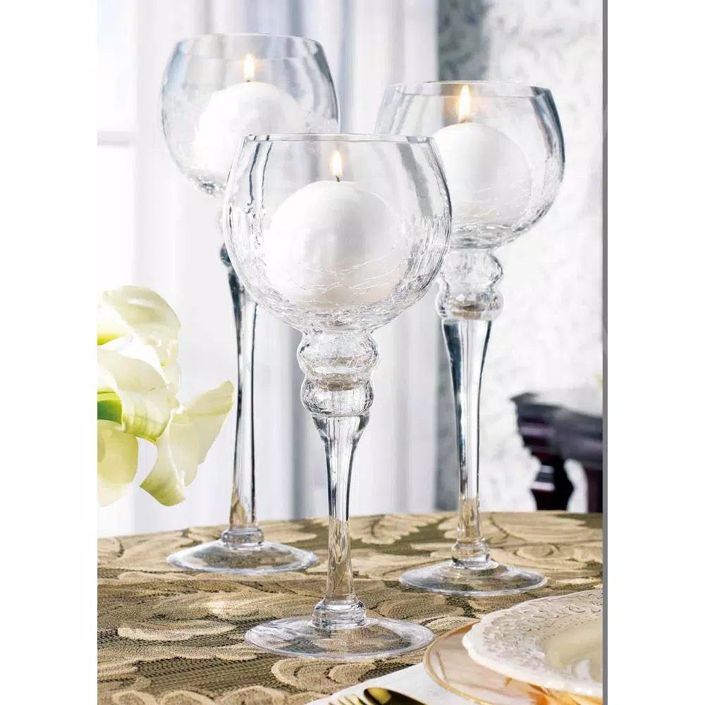 HOME ESSENTIALS AND BEYOND Crackled Glass Footed Hurricane Candle Holder Set of 3, Clear