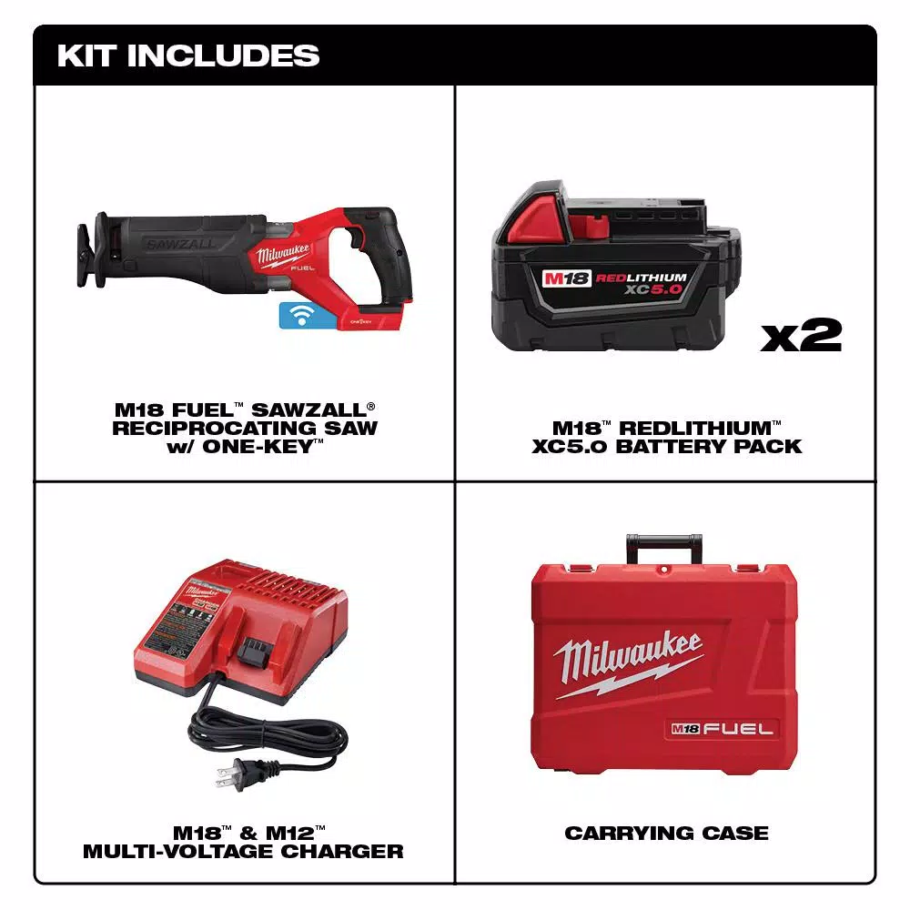 Milwaukee M18 FUEL ONE-KEY Reciprocating Saw Kit with Two 5.0 Ah Batteries and Charger