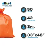 Plasticplace 33 in. x 48 in. 42 Gal. Orange Contractor Trash Bags, 3.0 Mil Heavy Duty, 50-Count Case thumbnail 3