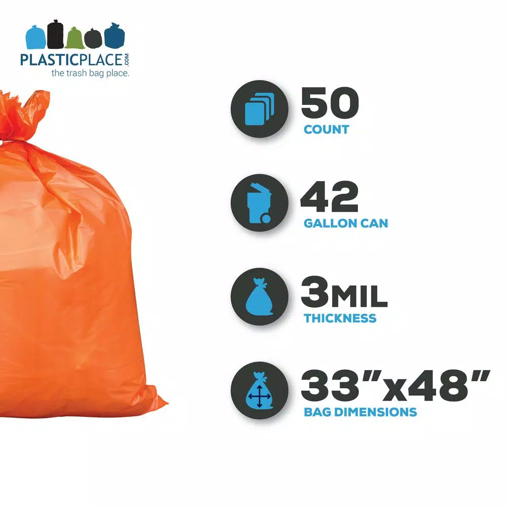 Plasticplace 33 in. x 48 in. 42 Gal. Orange Contractor Trash Bags, 3.0 Mil Heavy Duty, 50-Count Case