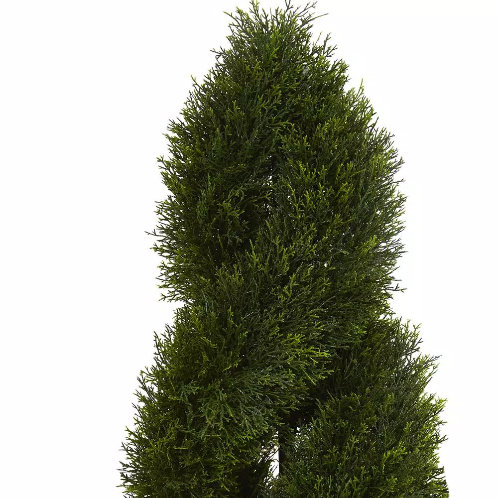 Nearly Natural 4 ft. Artificial Cypress Double Spiral Topiary Tree in Slate Planter, UV Resistant Indoor/Outdoor