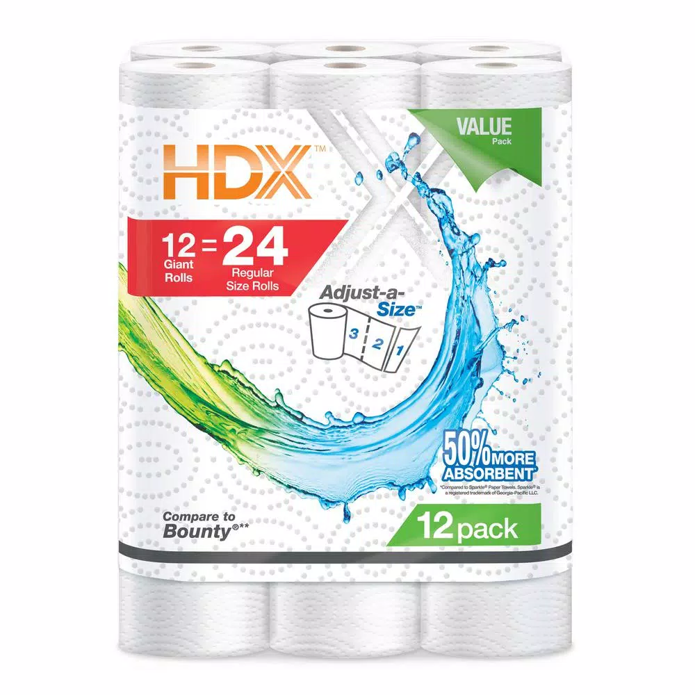 HDX 2-Ply Paper Towels, Ultra Absorbent, Adjust-A-Size, 12 Rolls