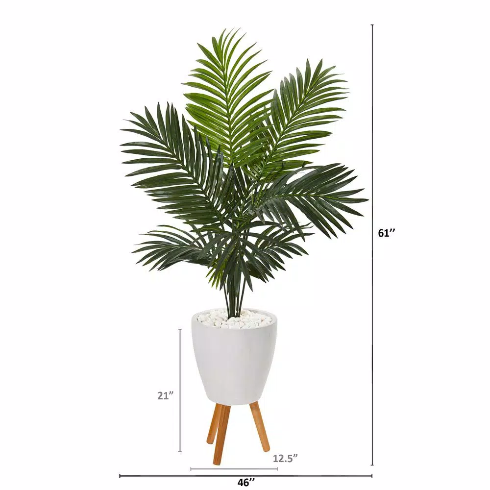 Nearly Natural 61 in. Paradise Palm Artificial Tree with White Planter and Wooden Stand