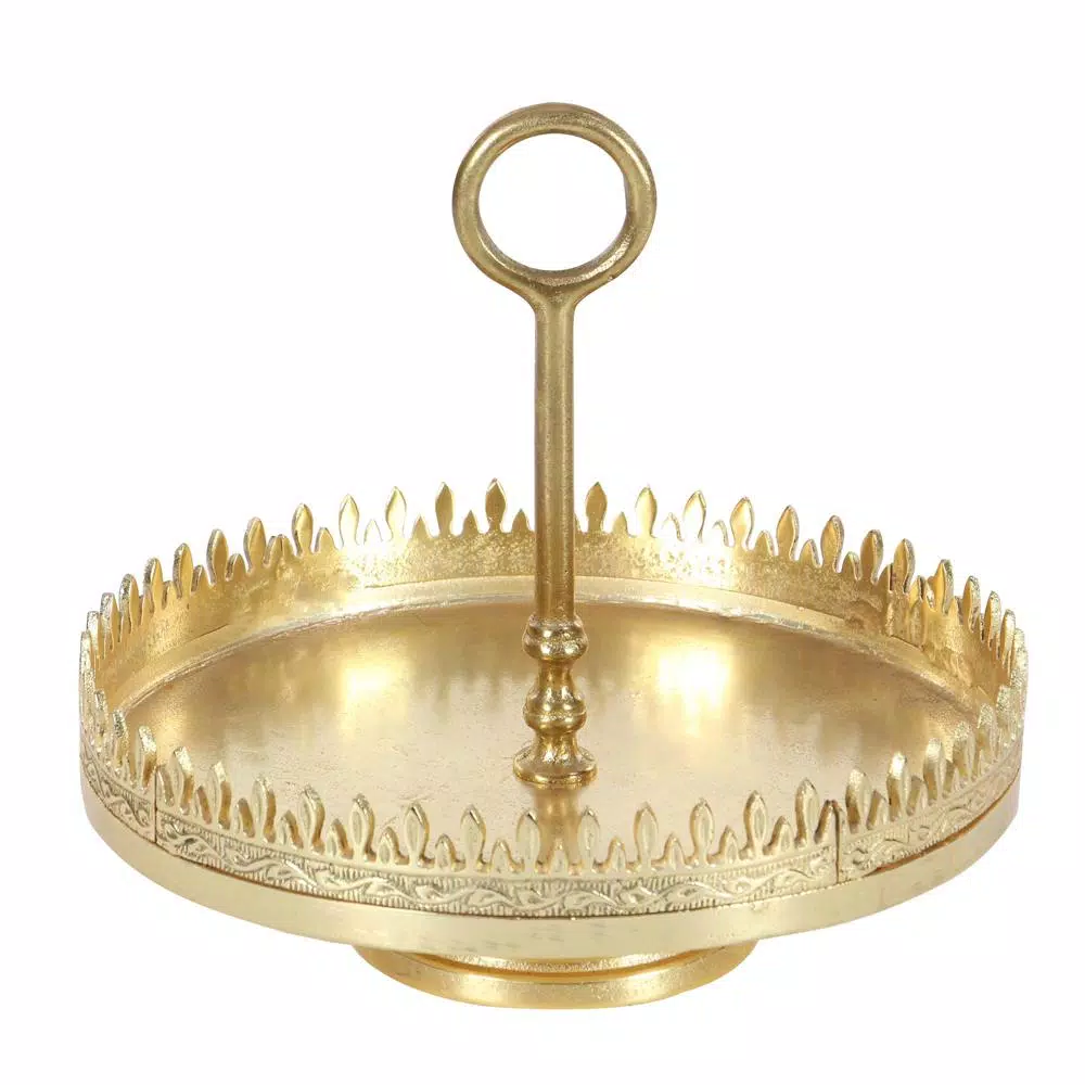 LITTON LANE Modern Reflections 13 in. Gold-Finished Aluminum Spiked Pedestal Tray Stand