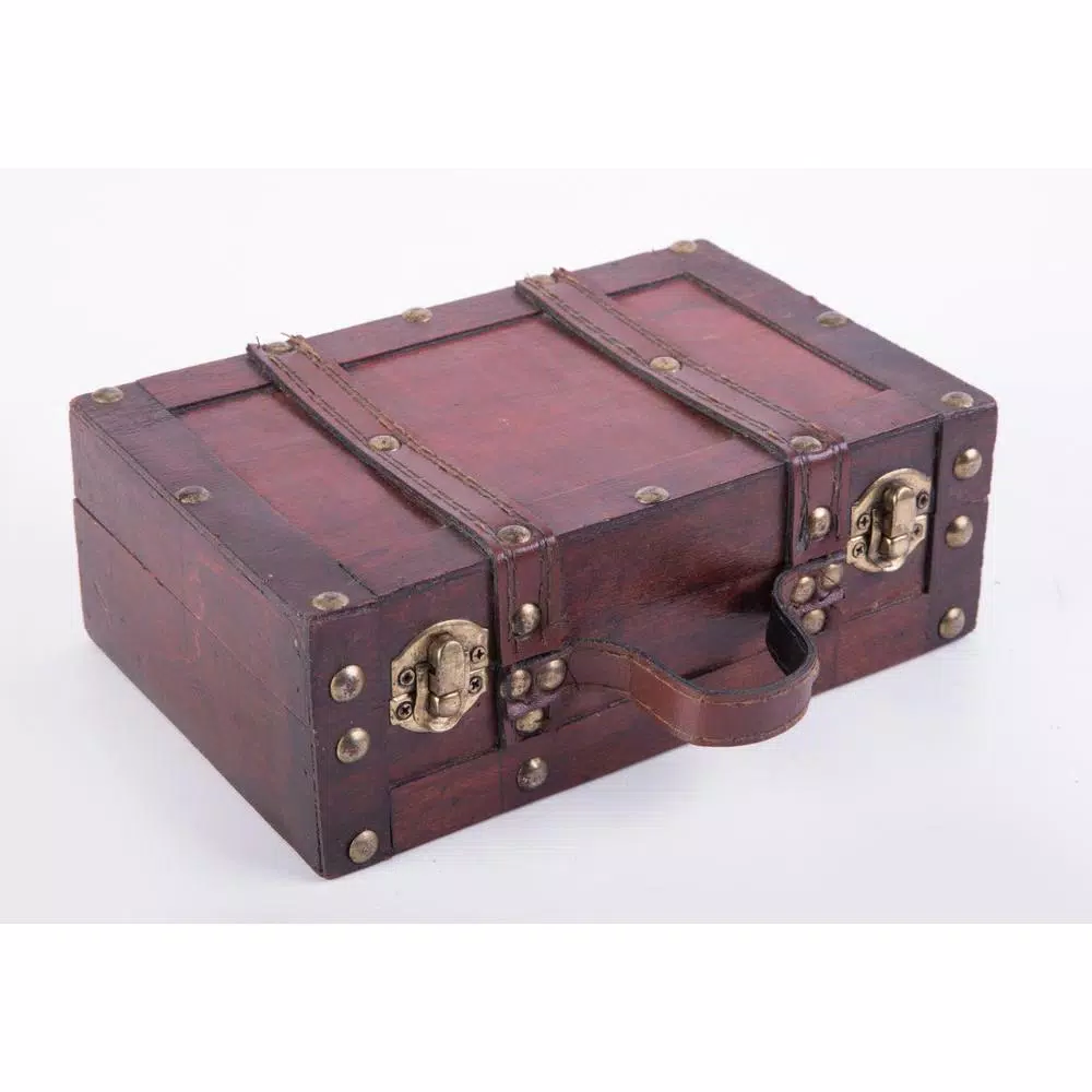 Vintiquewise Antique Style Small Wooden Suitcase Decorative Box with Leather Straps and Cherry Finish