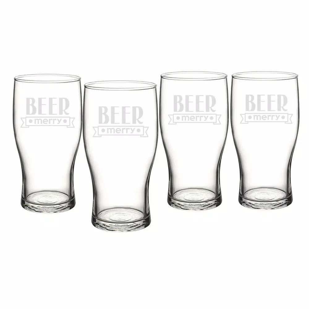 Cathy's Concepts Beer Merry Etched Glass Christmas Pilsner Glasses, 19 oz Set of 4