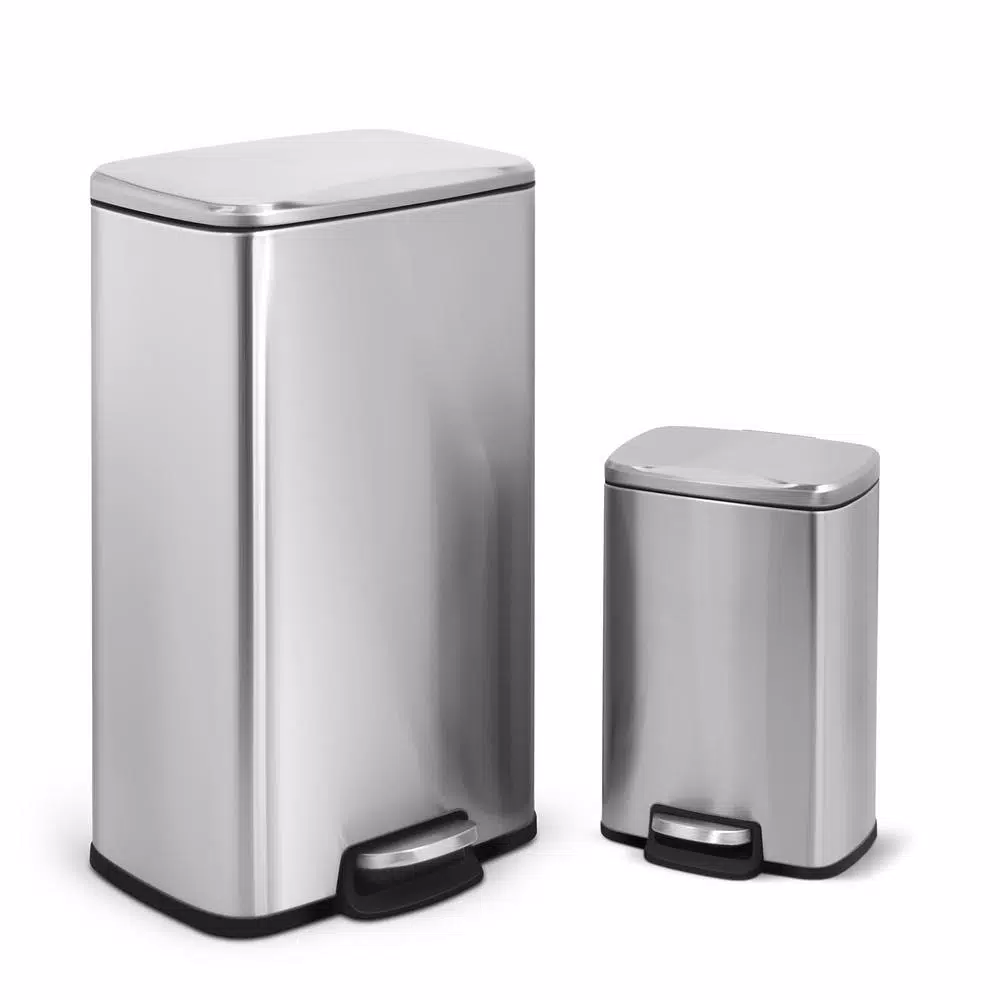 Innovaze Stainless Steel Step-On Trash Can Set - 8 Gal & 1.3 Gal Rectangular Kitchen and Bathroom Bins