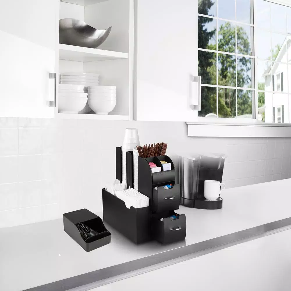 Mind Reader Black Coffee and Condiment Organizer with Integrated Sleeve Dispenser, Compact Space-Saving Design