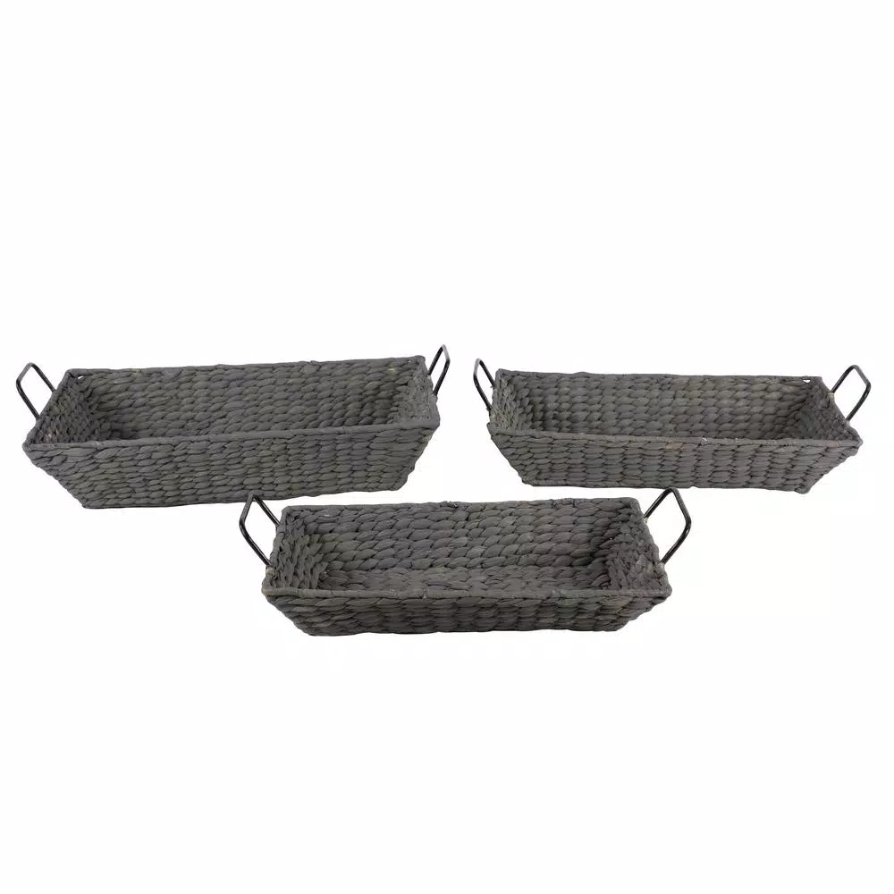 LITTON LANE Nesting Gray Seagrass Basket Trays with Black Metal Handles, Set of 3