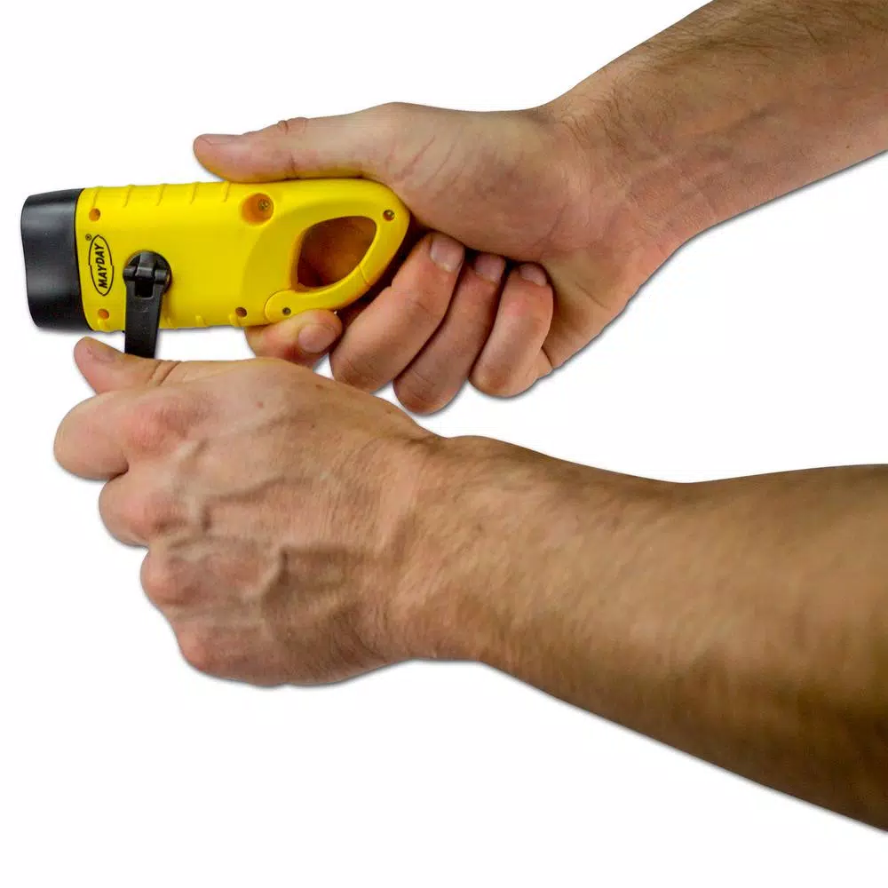 Mayday Hand Crank Flashlight with Solar Panel and Clip, Yellow