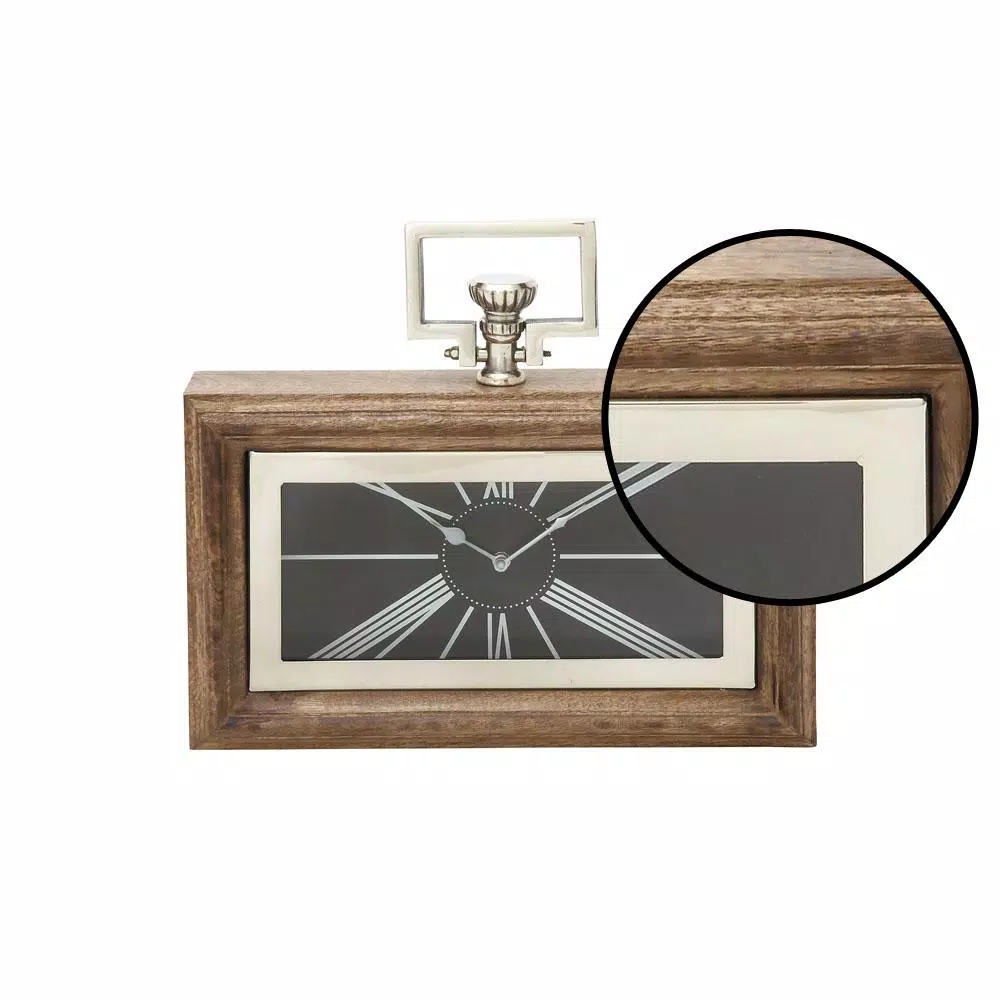 LITTON LANE Oak Brown and Silver Traditional Mango Wood Table Clock