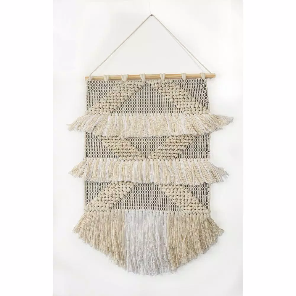 LR Home Fringed Diamond Ivory and Natural Tufted Cotton Wall Tapestry