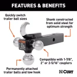 CURT Multi-Ball Mount with Tow Hook, 2" Solid Shank, 1-7/8", 2" & 2-5/16" Chrome Balls thumbnail 3