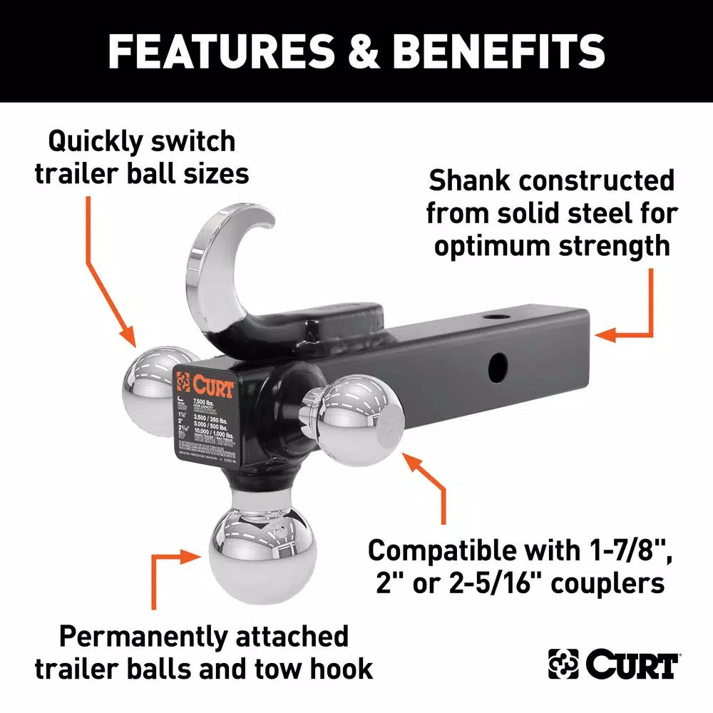 CURT Multi-Ball Mount with Tow Hook, 2" Solid Shank, 1-7/8", 2" & 2-5/16" Chrome Balls