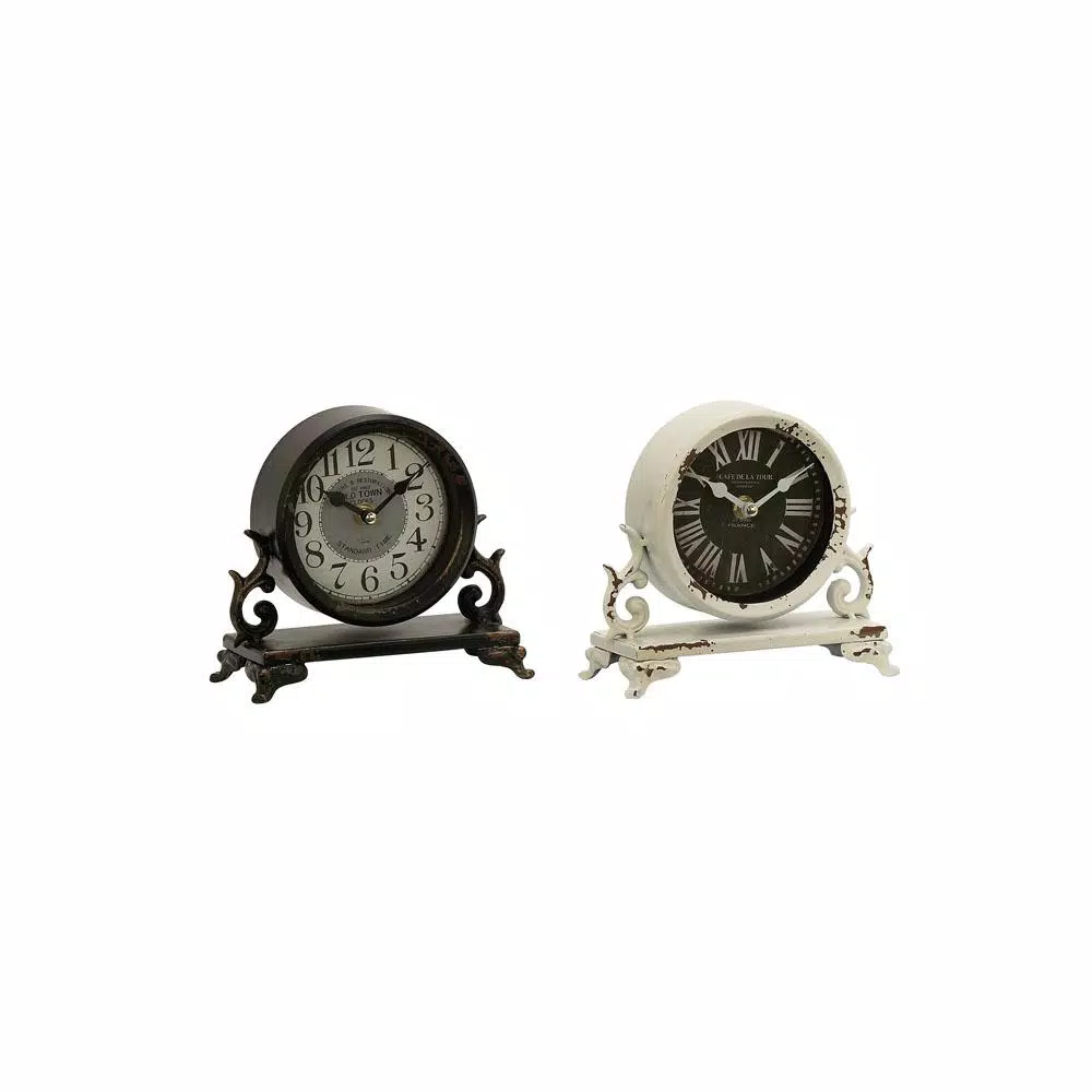 LITTON LANE 7 in. Iron Black and Vintage White Round Table Clocks with Scrollwork Base, Set of 2