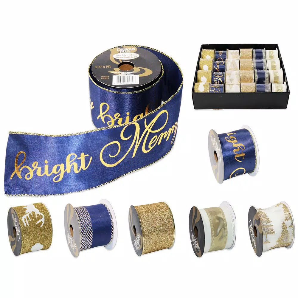 Unbranded 2.5 in. x 9 ft. Assorted Gold, Blue, and White Christmas Ribbon (24-Pack)