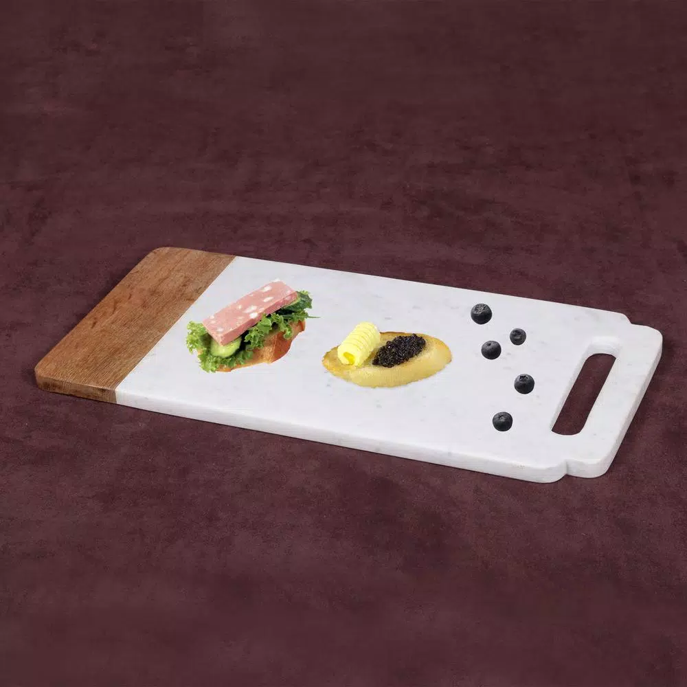 Creative Home Taj Elite Creamy White Marble and Mango Wood Serving Board, 18 x 9 in.