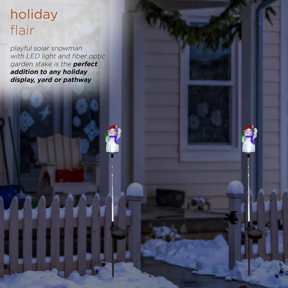 Alpine Corporation Solar Snowman Garden Stakes with Fiber Optic LED Lights, Set of 2