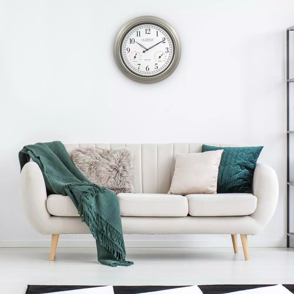 La Crosse Technology 18-Inch Atomic Analog Wall Clock with Thermometer & Hygrometer, Pewter