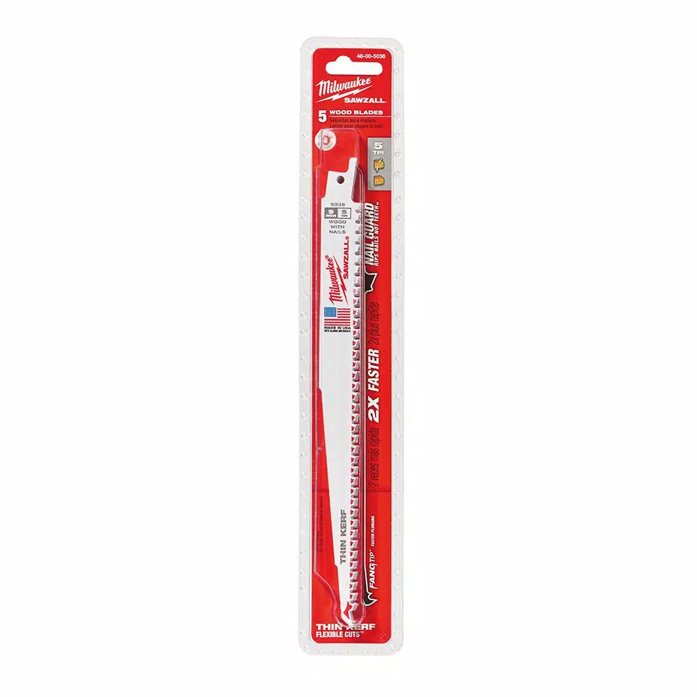 Milwaukee 9 in. 5 TPI Wood Cutting Reciprocating Saw Blades, Bi-Metal (5-Pack)