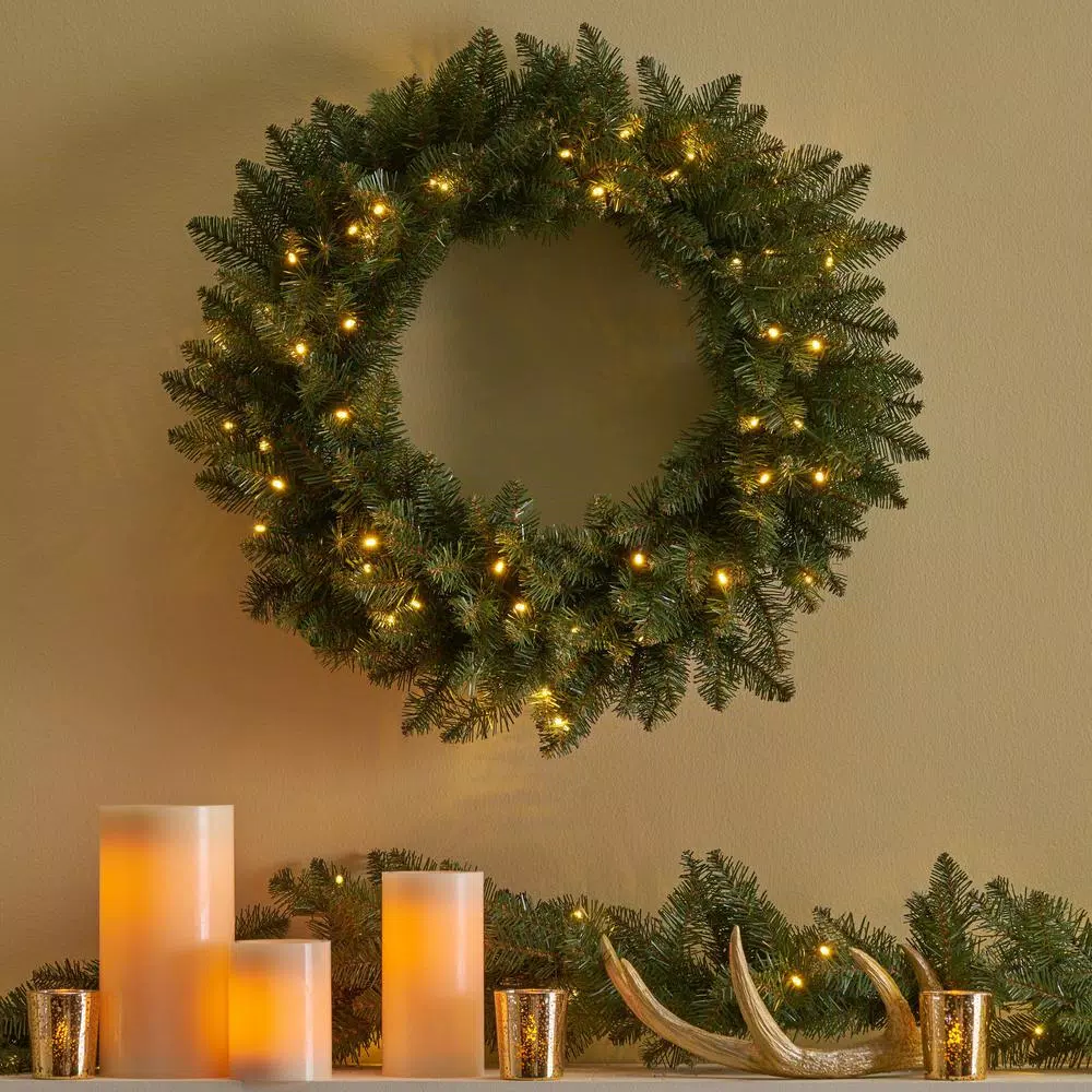 Noble House 24 in. Dunhill Fir Pre-Lit LED Artificial Christmas Wreath, Warm White Lights, Battery Operated