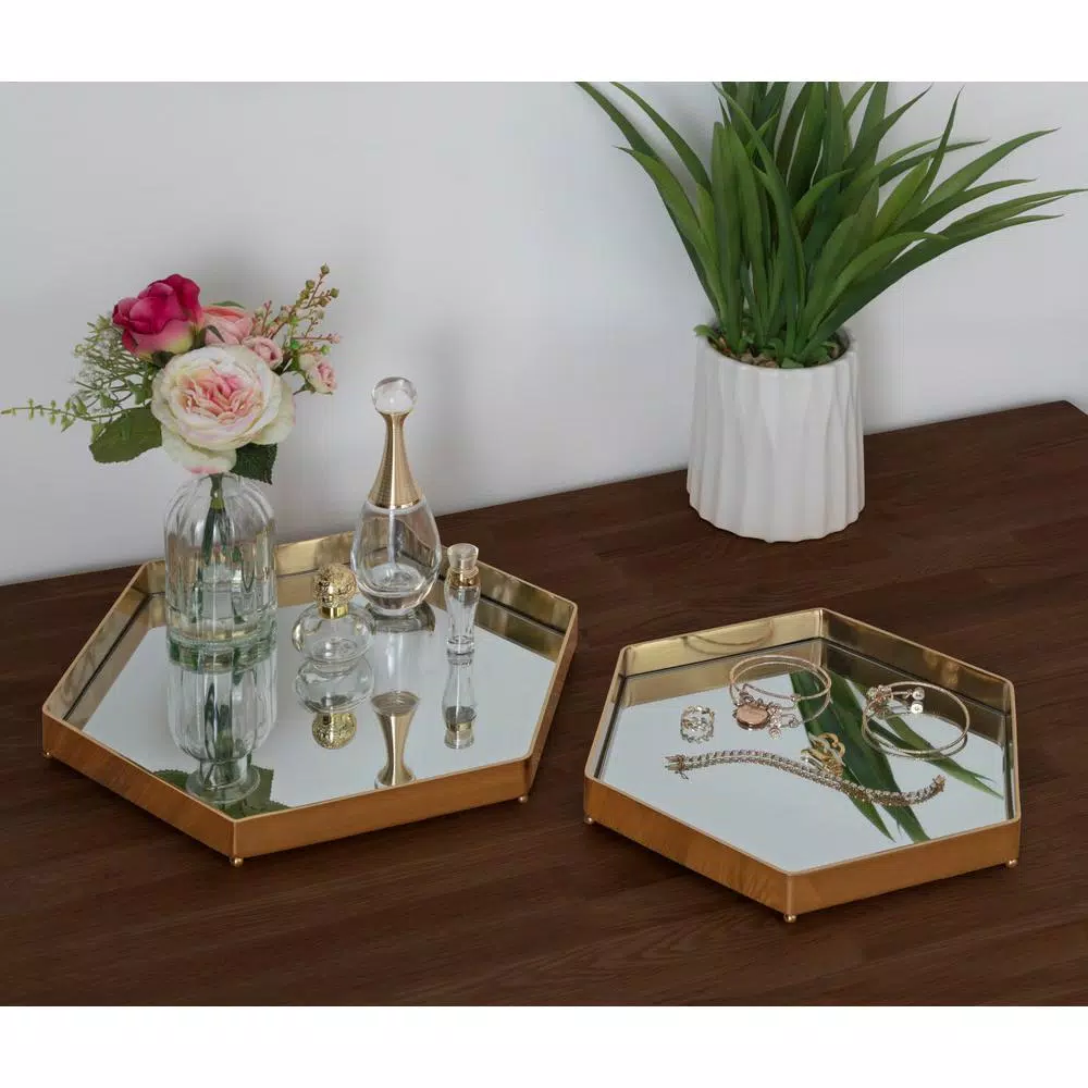 Kate and Laurel Joelyn Gold Metal Decorative Trays, Mid-Century Modern Glam Nesting Set