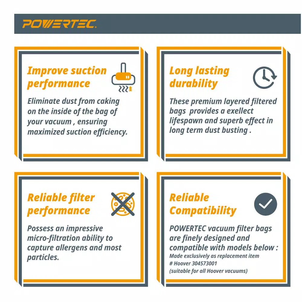 POWERTEC Replacement Filter Bags for Hoover Vacuum Style Y/Z, 2-Ply Allergen Protection, 10-Pack